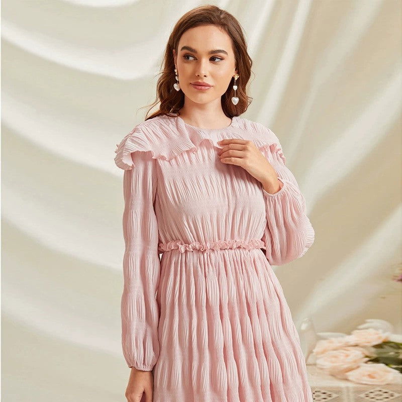 Ruffle Collar Crinkle Pleated Long Sleeve Cinched Waist Midi Dress