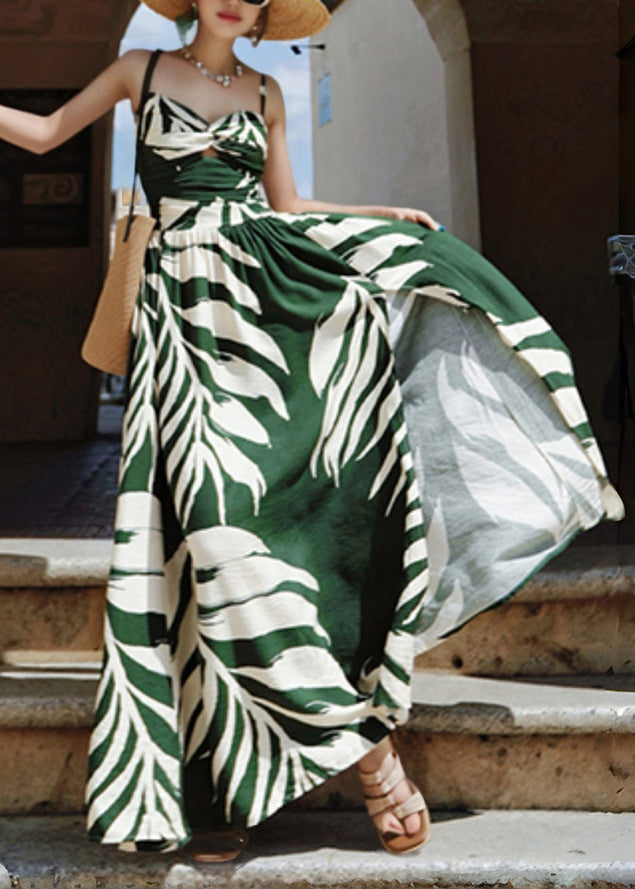 Tropical Palm Print Twist Front Sweetheart Spaghetti Strap Maxi Dress