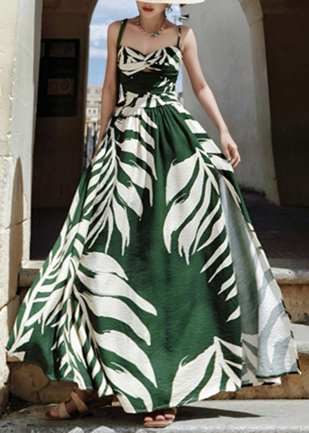 Tropical Palm Print Twist Front Sweetheart Spaghetti Strap Maxi Dress