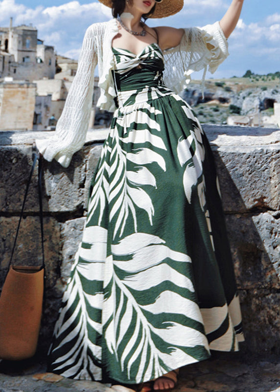 Tropical Palm Print Twist Front Sweetheart Spaghetti Strap Maxi Dress