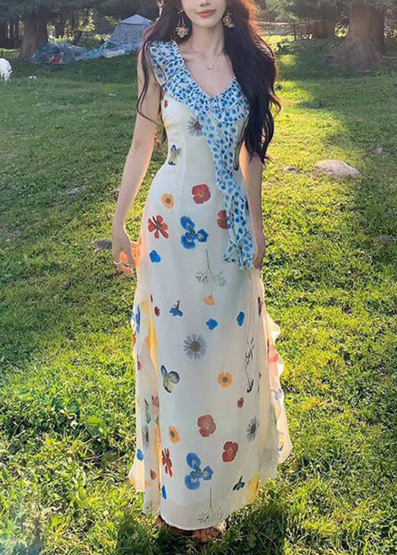Sleeveless Ruffle Collar Floral Butterfly Print Side Slit Maxi Dress