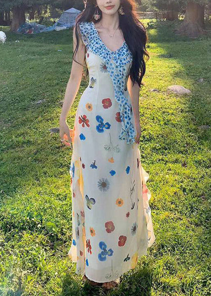 Sleeveless Ruffle Collar Floral Butterfly Print Side Slit Maxi Dress