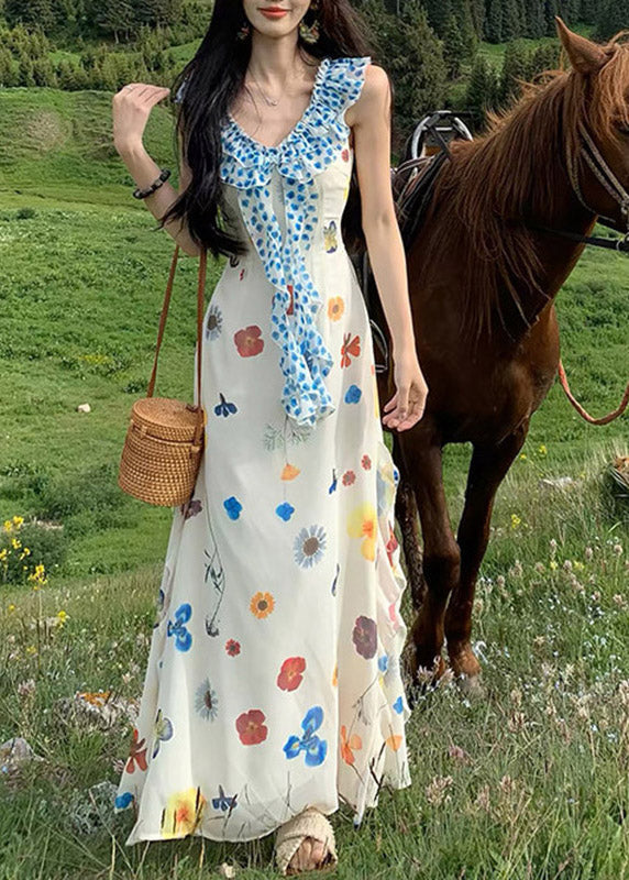 Sleeveless Ruffle Collar Floral Butterfly Print Side Slit Maxi Dress