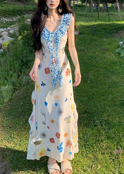 Sleeveless Ruffle Collar Floral Butterfly Print Side Slit Maxi Dress