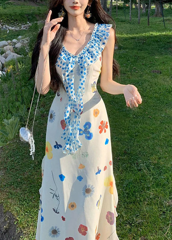 Sleeveless Ruffle Collar Floral Butterfly Print Side Slit Maxi Dress