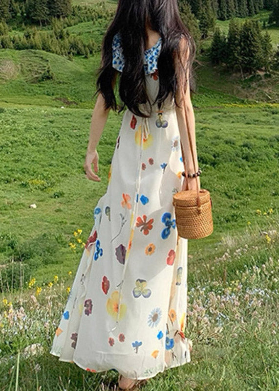 Sleeveless Ruffle Collar Floral Butterfly Print Side Slit Maxi Dress