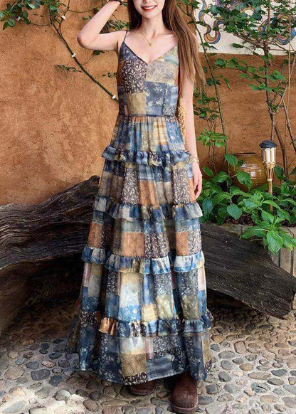 Spaghetti Strap Deep V-Neck Patchwork Print Tiered Ruffle Maxi Dress