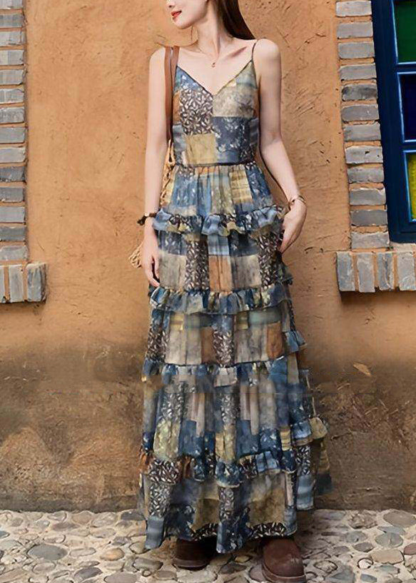 Spaghetti Strap Deep V-Neck Patchwork Print Tiered Ruffle Maxi Dress