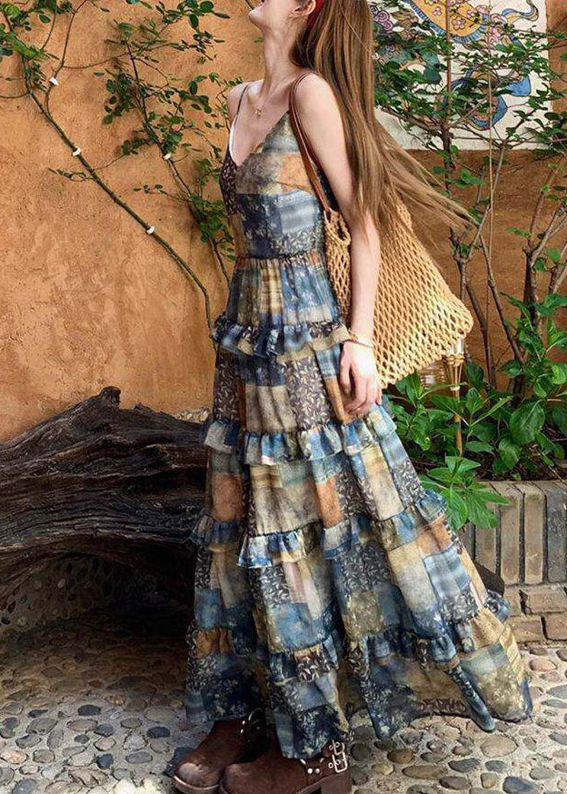 Spaghetti Strap Deep V-Neck Patchwork Print Tiered Ruffle Maxi Dress