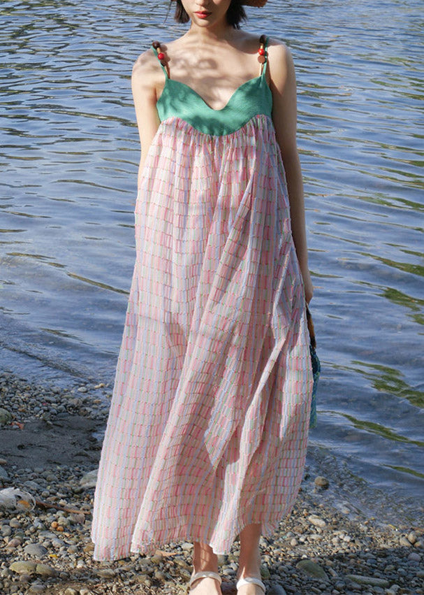 Spaghetti Strap Beaded Empire Waist Crinkle Plaid Gathered Skirt Maxi Dress