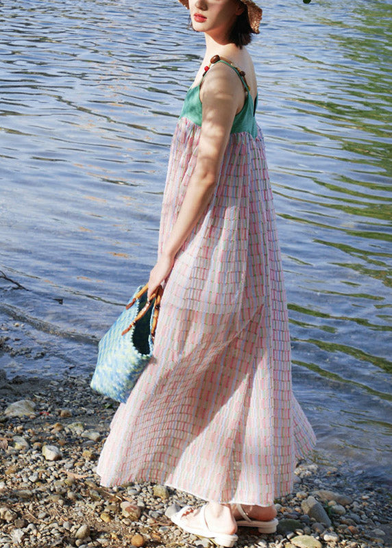 Spaghetti Strap Beaded Empire Waist Crinkle Plaid Gathered Skirt Maxi Dress