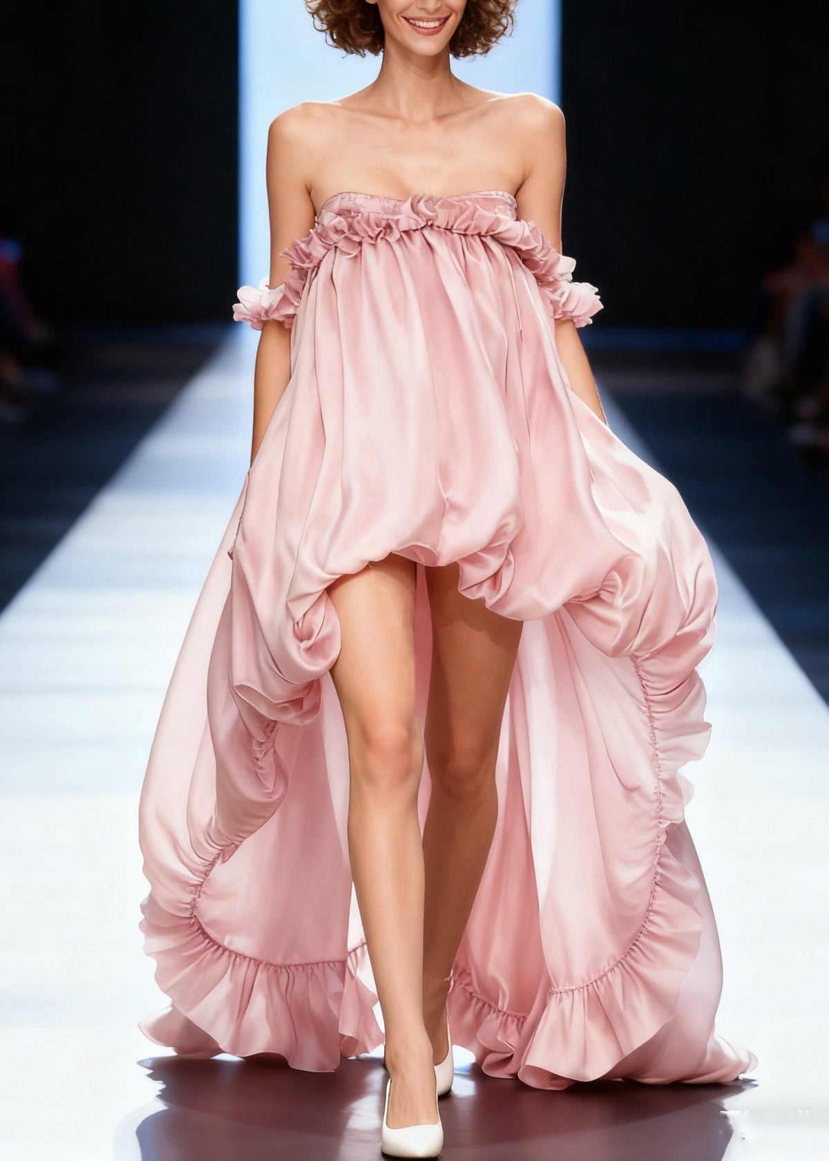Strapless Ruffle Trim Off-Shoulder High-Low Babydoll Mini Dress