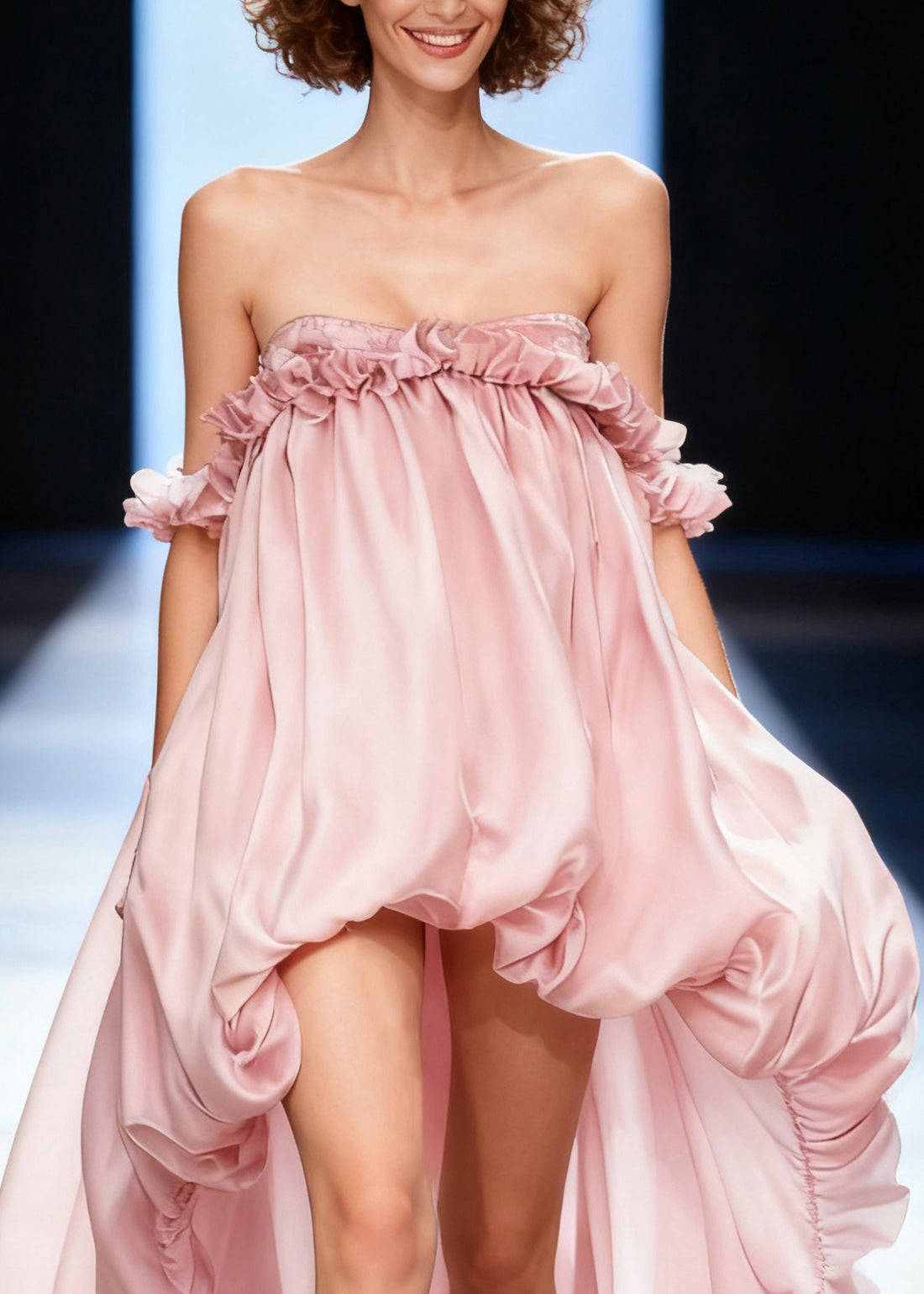 Strapless Ruffle Trim Off-Shoulder High-Low Babydoll Mini Dress