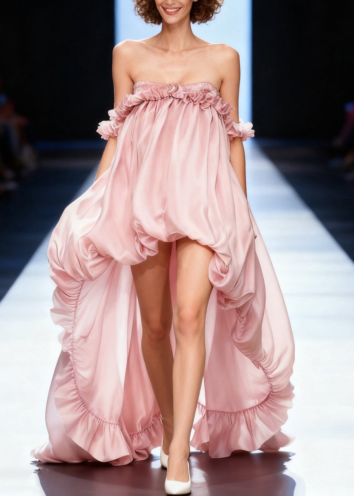 Strapless Ruffle Trim Off-Shoulder High-Low Babydoll Mini Dress