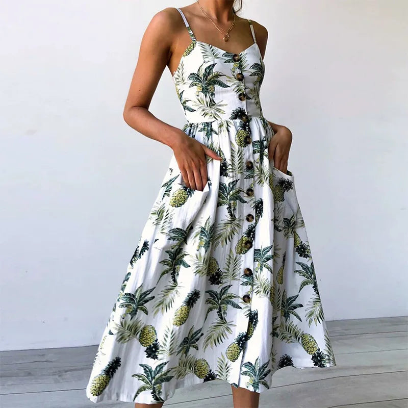 Tropical Pineapple Palm Leaf Print Button-Down Pocket A-Line Midi Dress