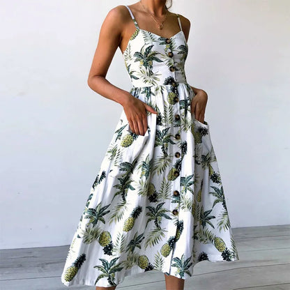 Tropical Pineapple Palm Leaf Print Button-Down Pocket A-Line Midi Dress