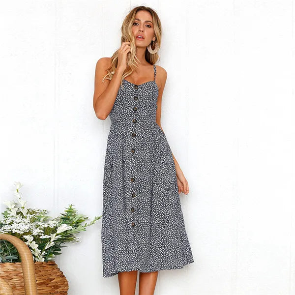 Tropical Pineapple Palm Leaf Print Button-Down Pocket A-Line Midi Dress
