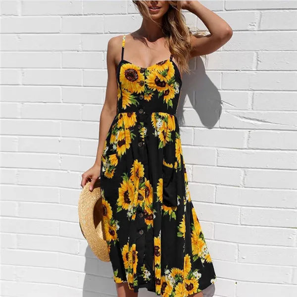 Tropical Pineapple Palm Leaf Print Button-Down Pocket A-Line Midi Dress