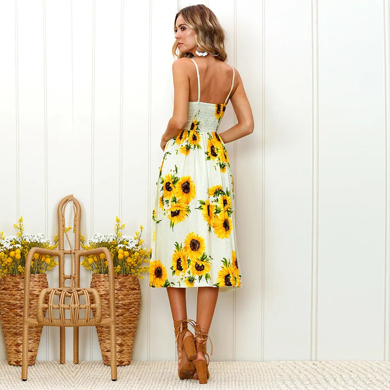 Tropical Pineapple Palm Leaf Print Button-Down Pocket A-Line Midi Dress