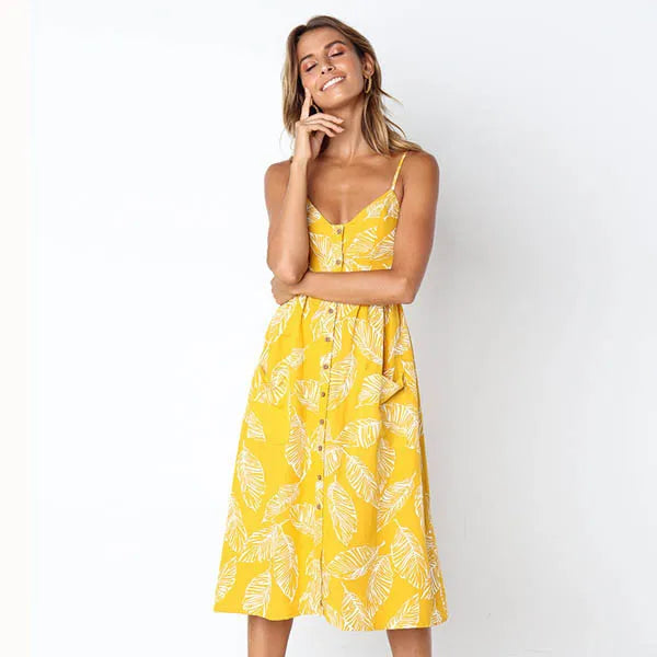 Tropical Pineapple Palm Leaf Print Button-Down Pocket A-Line Midi Dress