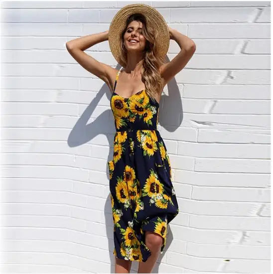 Tropical Pineapple Palm Leaf Print Button-Down Pocket A-Line Midi Dress