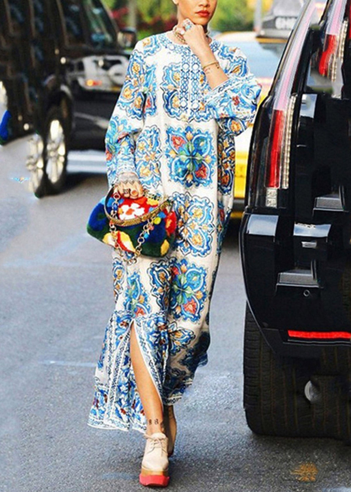 Notched V-Neck Bell Sleeve Majolica Tile Print Kaftan Maxi Dress