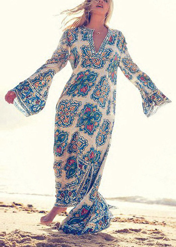 Notched V-Neck Bell Sleeve Majolica Tile Print Kaftan Maxi Dress