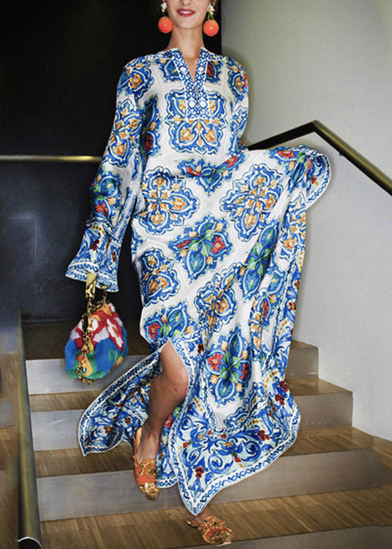 Notched V-Neck Bell Sleeve Majolica Tile Print Kaftan Maxi Dress