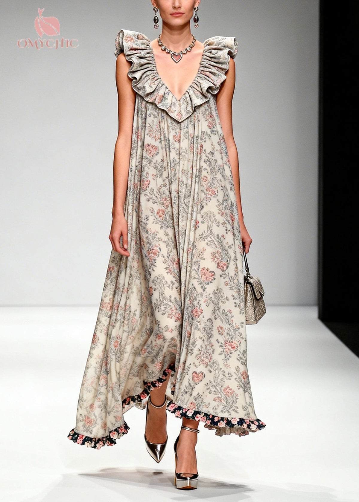Deep V-Neck Ruffle Collar Floral Heart Print Contrast Ruffle Hem Maxi Dress