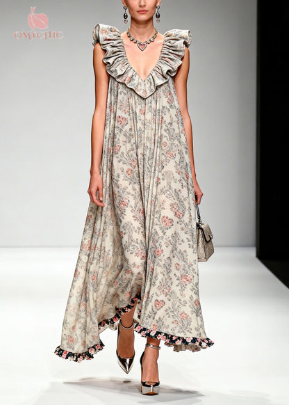 Deep V-Neck Ruffle Collar Floral Heart Print Contrast Ruffle Hem Maxi Dress