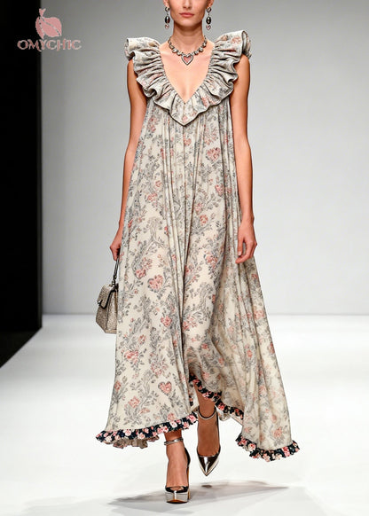 Deep V-Neck Ruffle Collar Floral Heart Print Contrast Ruffle Hem Maxi Dress