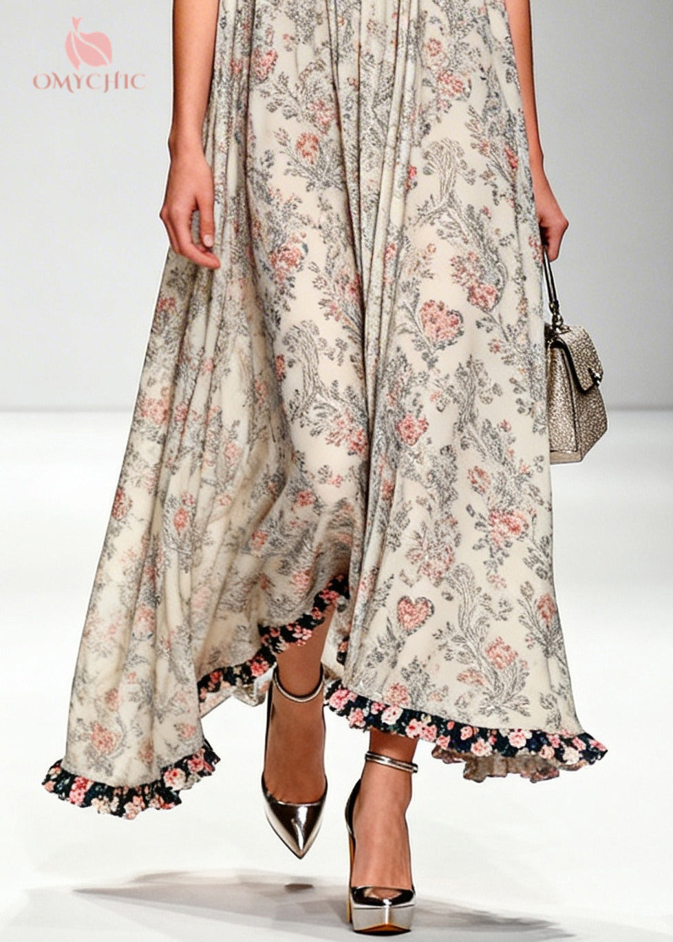 Deep V-Neck Ruffle Collar Floral Heart Print Contrast Ruffle Hem Maxi Dress