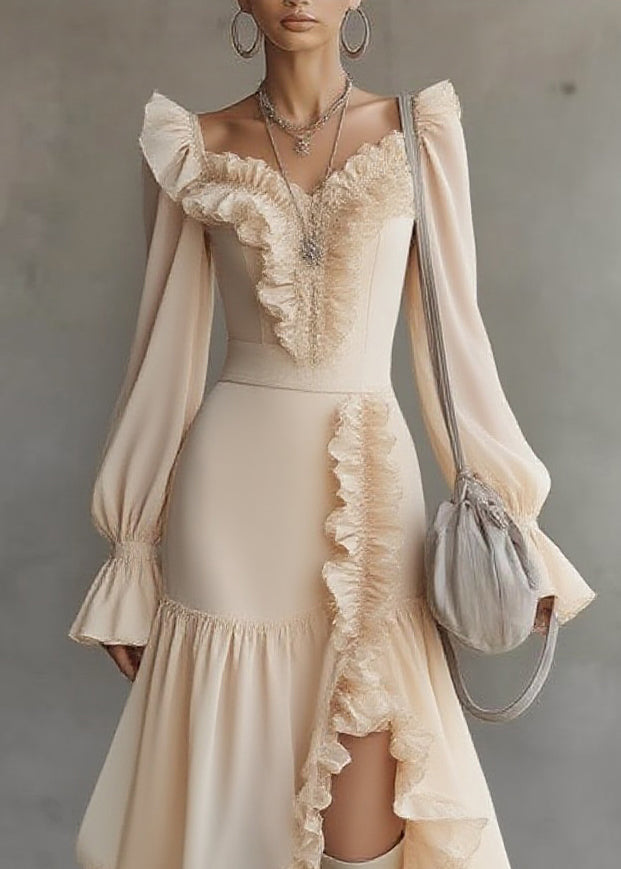 Ruffled Sweetheart Neck Bishop Sleeve Asymmetrical Tiered Ruffle Midi Dress