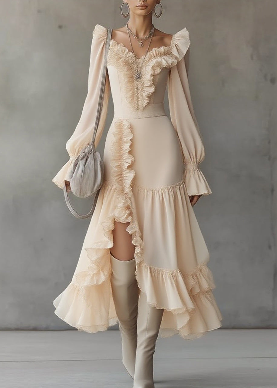 Ruffled Sweetheart Neck Bishop Sleeve Asymmetrical Tiered Ruffle Midi Dress