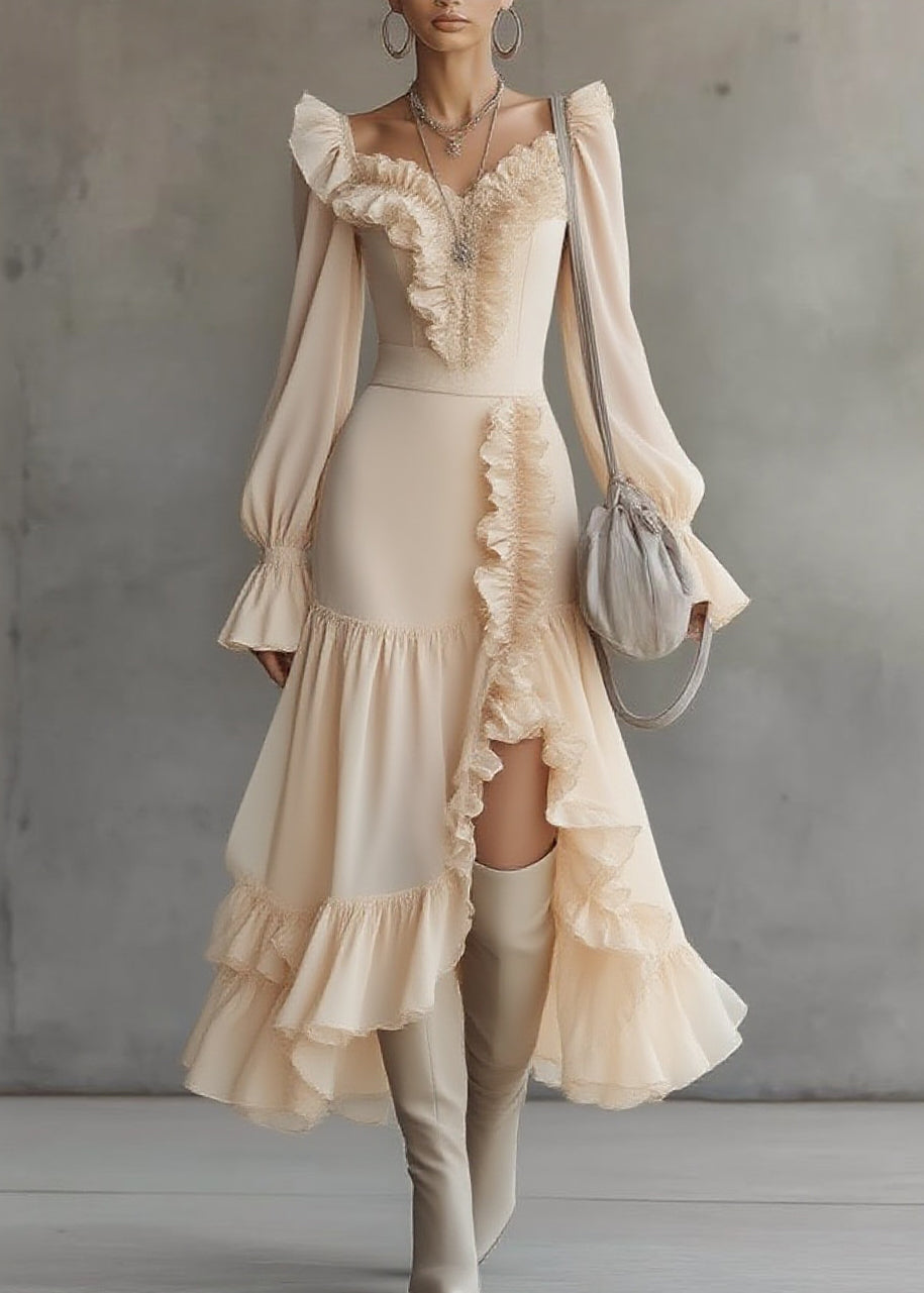 Ruffled Sweetheart Neck Bishop Sleeve Asymmetrical Tiered Ruffle Midi Dress