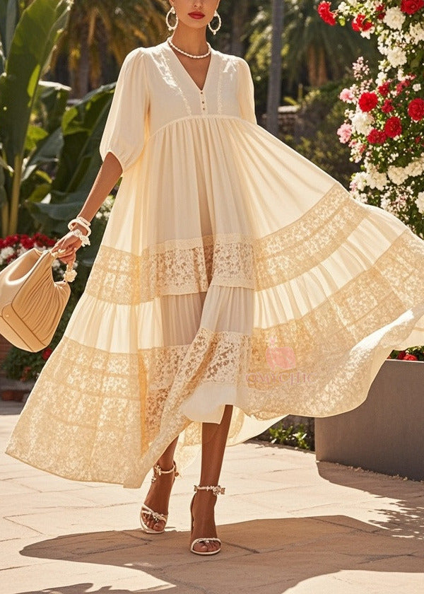 Deep V-Neck Button Placket Empire Waist Lace Panel Tiered Maxi Dress