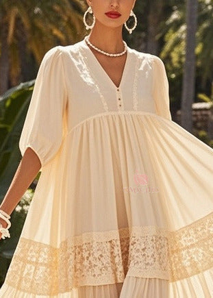 Deep V-Neck Button Placket Empire Waist Lace Panel Tiered Maxi Dress
