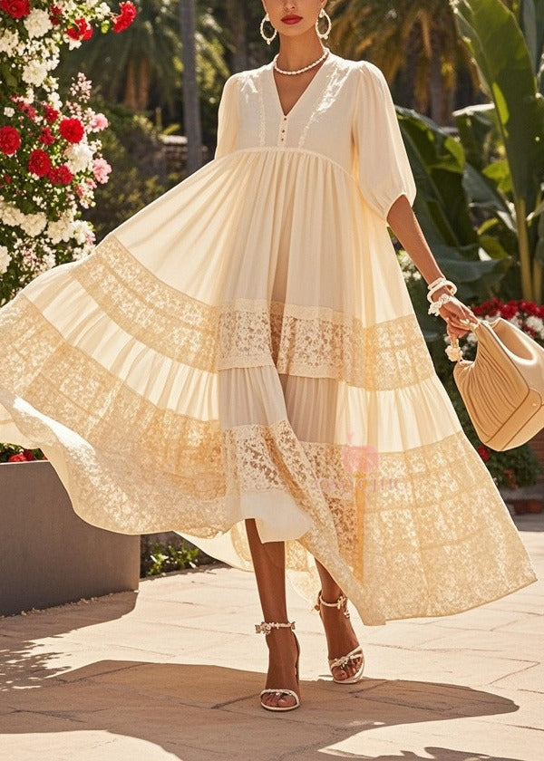 Deep V-Neck Button Placket Empire Waist Lace Panel Tiered Maxi Dress