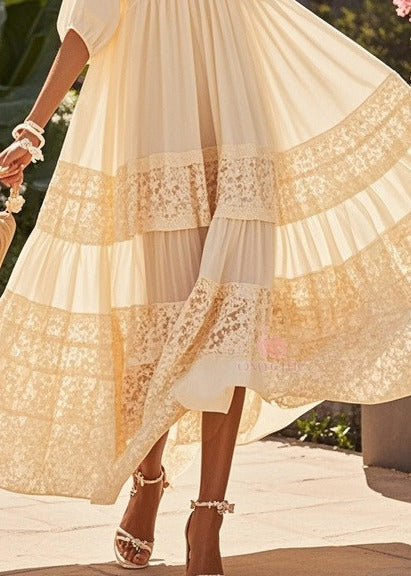 Deep V-Neck Button Placket Empire Waist Lace Panel Tiered Maxi Dress