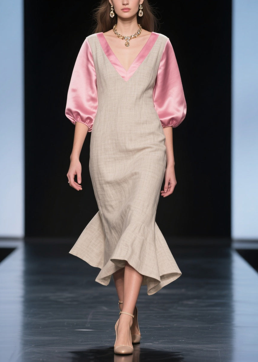 Deep V-Neck Contrast Satin Puff Sleeve Ruffled Trumpet Hem Dress