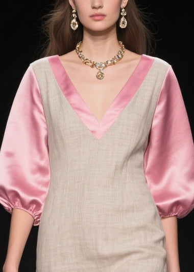 Deep V-Neck Contrast Satin Puff Sleeve Ruffled Trumpet Hem Dress