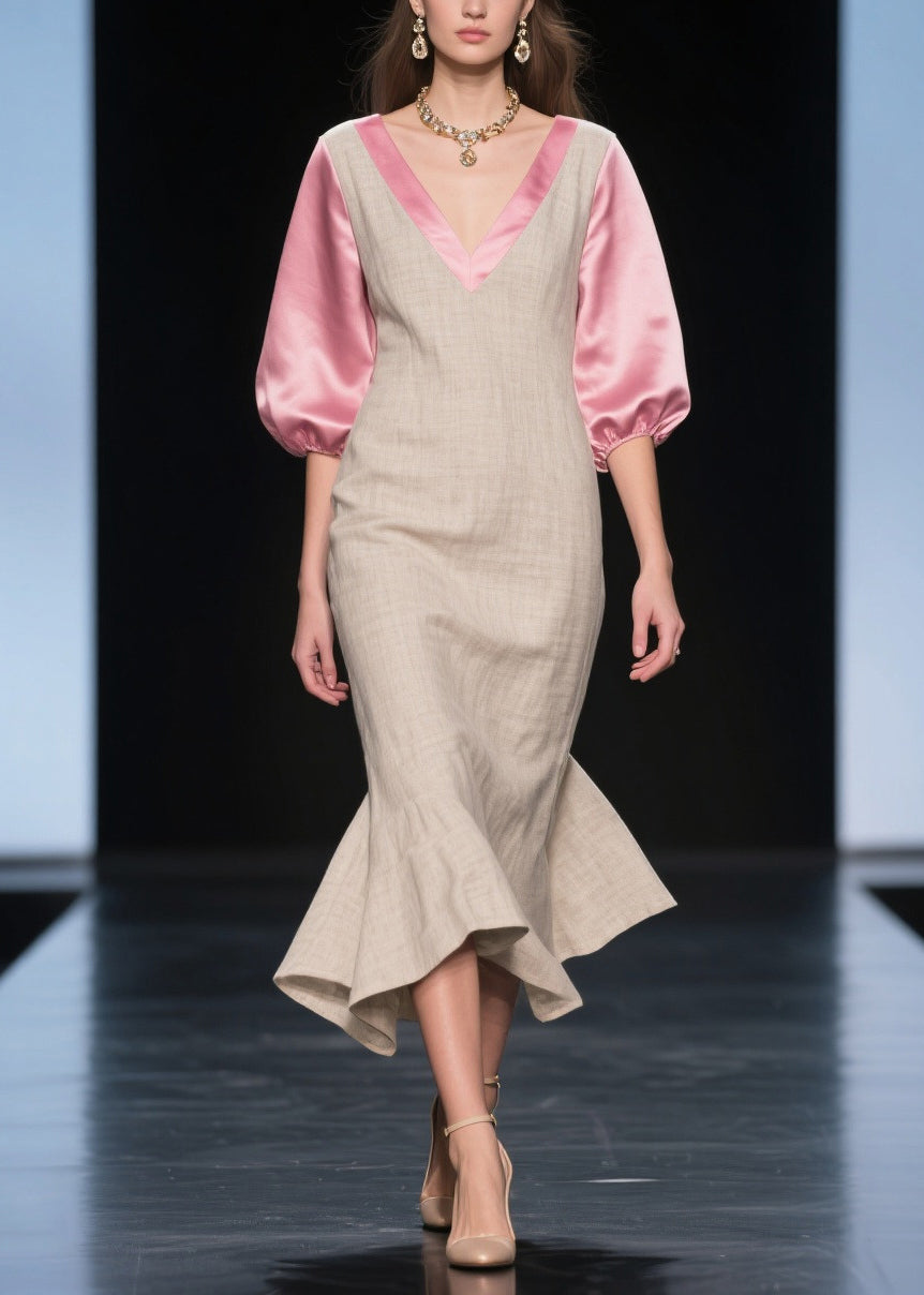 Deep V-Neck Contrast Satin Puff Sleeve Ruffled Trumpet Hem Dress