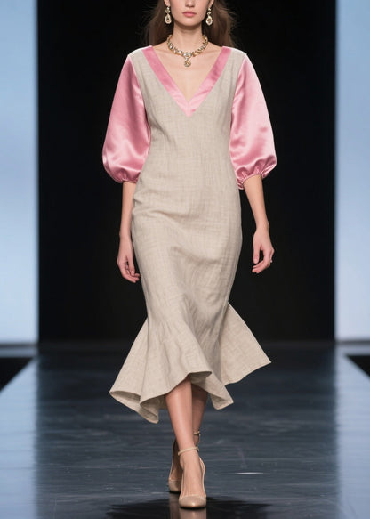 Deep V-Neck Contrast Satin Puff Sleeve Ruffled Trumpet Hem Dress