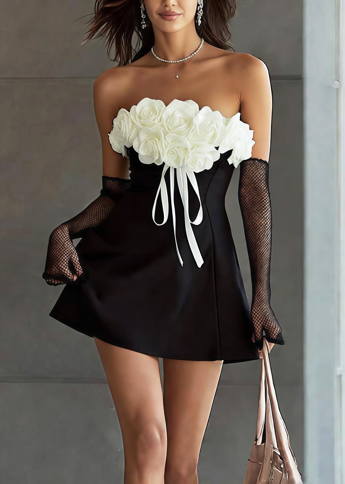 Floral Applique Strapless Ribbon Bow Mini Dress