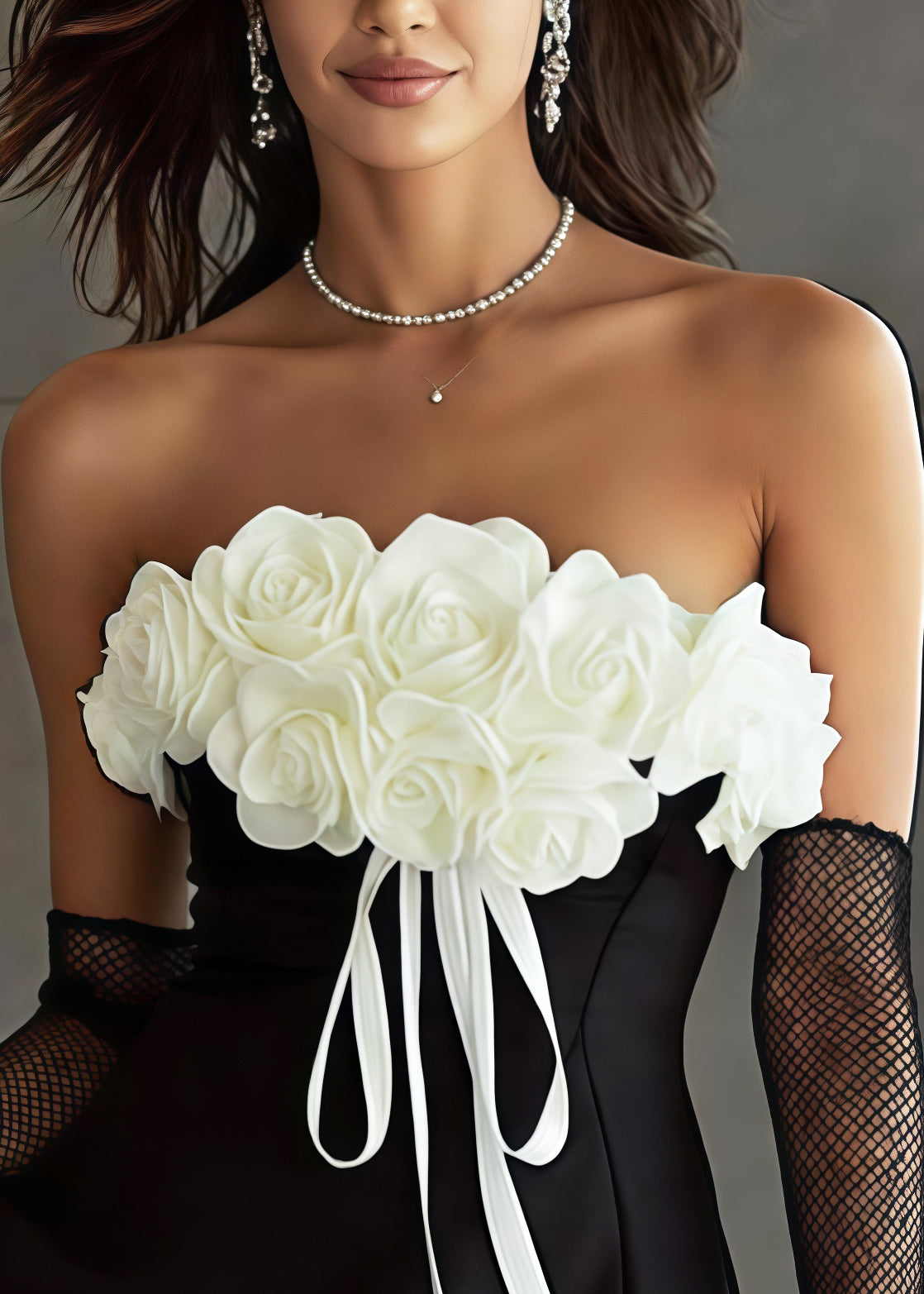 Floral Applique Strapless Ribbon Bow Mini Dress
