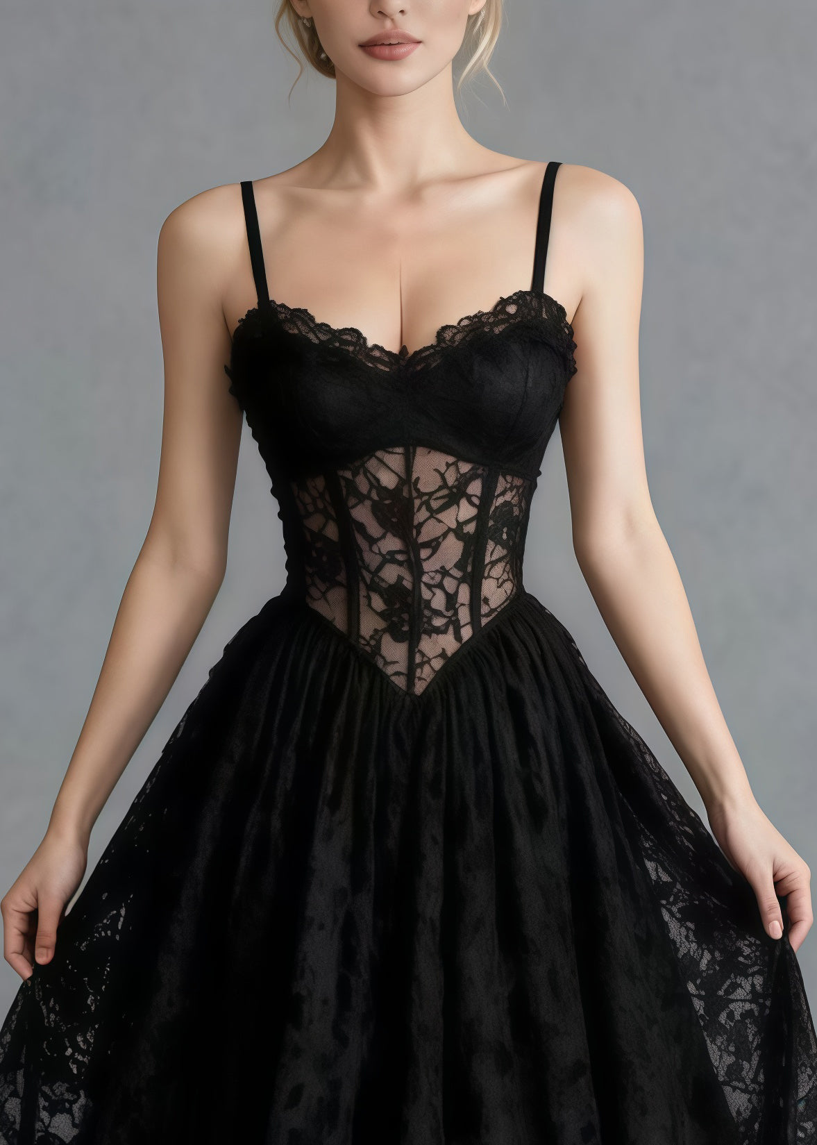 Sweetheart Corset Boning Floral Lace A Line Maxi Gown