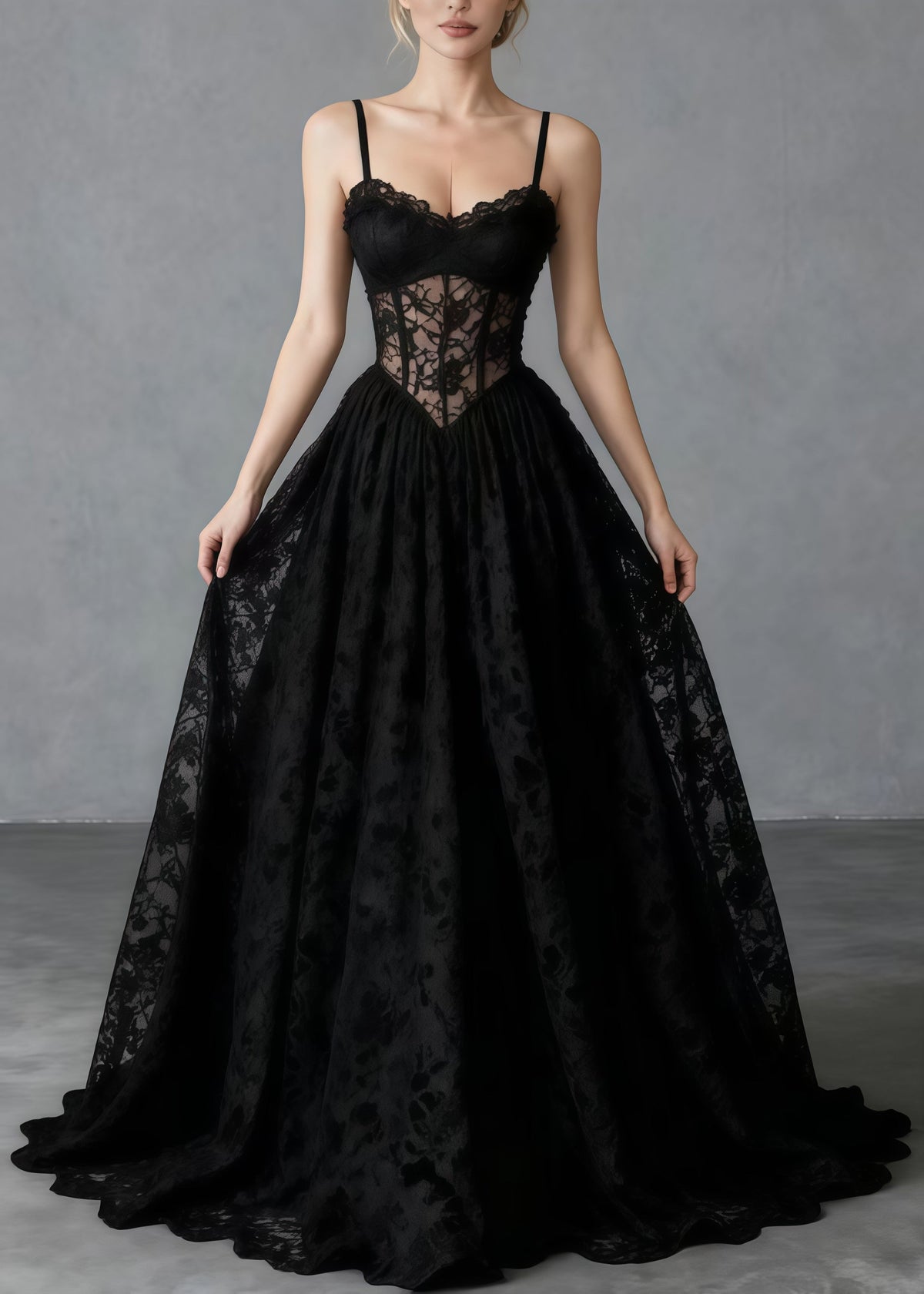 Sweetheart Corset Boning Floral Lace A Line Maxi Gown