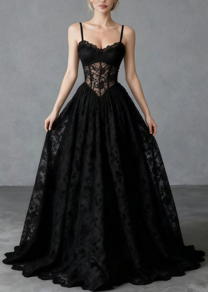 Sweetheart Corset Boning Floral Lace A Line Maxi Gown
