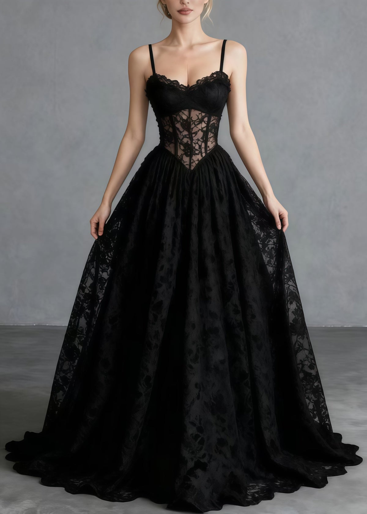 Sweetheart Corset Boning Floral Lace A Line Maxi Gown
