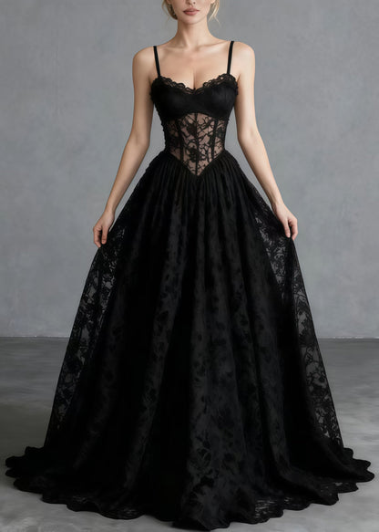 Sweetheart Corset Boning Floral Lace A Line Maxi Gown